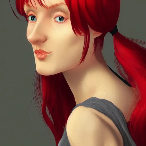 Image similar to Red haired Swiss german woman, highly detailed, in the style of romanticism, cinematic, artstation, Moebius