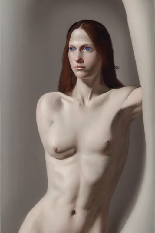 Prompt: hyperrealism portrait of female cyborg, church interior, pale skin, in style of classicism