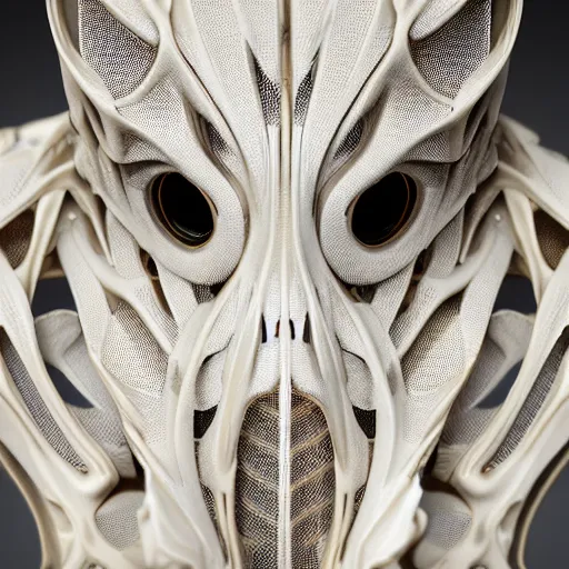 Prompt: hyper detailed ultra sharp portrait of a beautiful well contoured porcelain ivory smooth fair cyborg cthulhu, up close shot, sharp focus, global illumination, radiant light, biomechanical golden rhizomorphs, cyberpunk brackets, laser cut paper microbes, alexandre ferra white mecha, irakli nadar, alexander mcqueen, octane highly render, 4 k, ultra hd