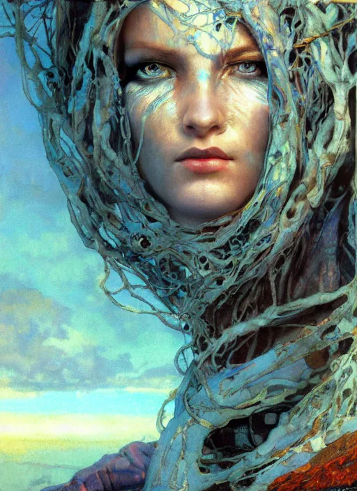 Image similar to biblical shy beautiful female druid android, heavy eyes, closeup, bright glowing veins, in clouds, sunset, portrait, by gerald brom, by mikhail vrubel, by peter elson, muted colors, extreme detail, reflections, trending on artstation, 8 k