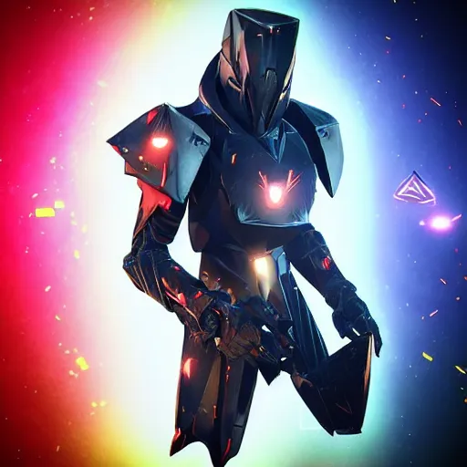 Image similar to “ shiny black low poly sharp angular edgy polygonal sci - fi armor cinematic shot dynamic pose red glowing lines deviant art art station 4 k octane render bloom effect war frame fanart destiny 2 fanart ”