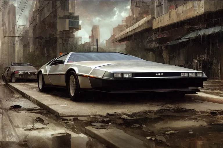 Image similar to photograph of the delorean, with a sleek spoiler, driving down the streets of a cyberpunk abandoned city, by greg rutkowski, by stanley artgerm, by alphonse mucha