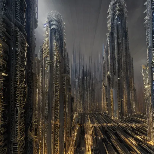 Prompt: photo of a futuristic city in a dystopian future made of electronic components by hr giger and zdzislaw beksinski. Very detailed 8k. Unreal engine 5 render with nanite, global illustration and path tracing. Cinematic post processing.