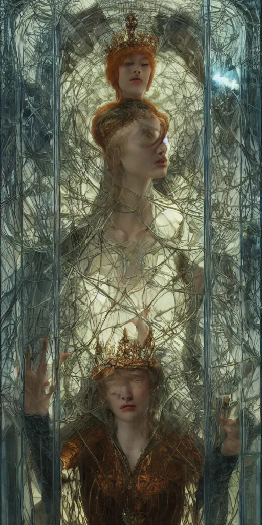 Prompt: queen in a glass prison, masterpiece by Edgar Maxence and Ross Tran and Michael Whelan, gustav dore, 8k, octane render