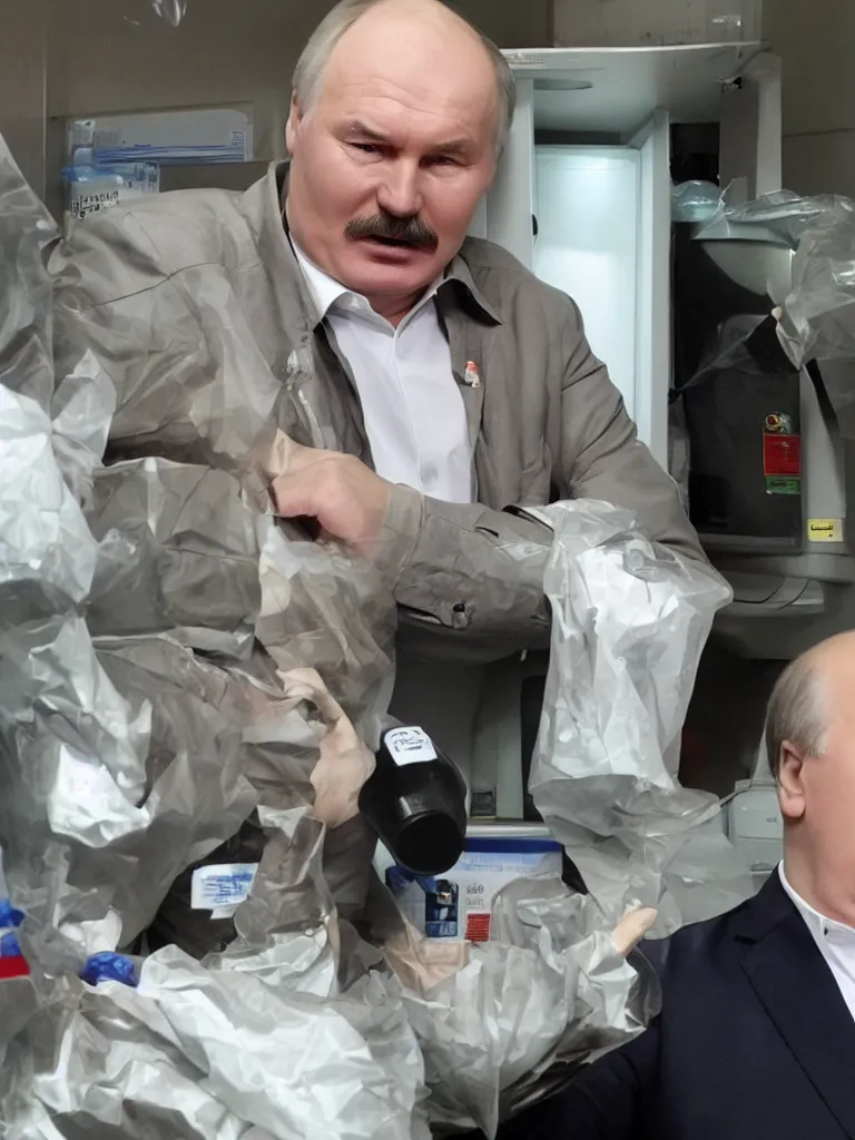 Prompt: lukashenka with stupid face tells there's no any viruses because it's a fridge near hospital with deaths