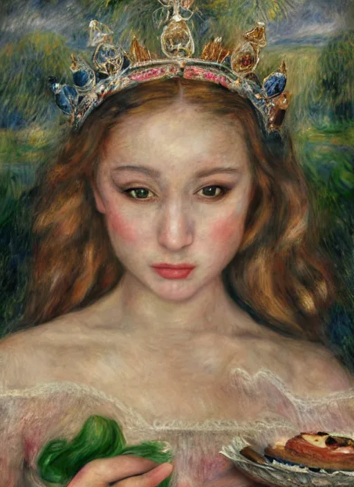 Prompt: closeup medieval renoir face portrait of a fairytale princess wearing a crown eating cakes in the castle, bikini, depth of field, zeiss lens, detailed and intricate environment, fashion photoshoot by nicoletta ceccoli, mark ryden, lostfish, breathtaking, 8 k resolution, extremely detailed, beautiful, establishing shot, artistic, hyperrealistic, octane render