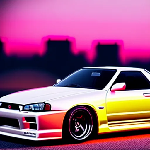 Image similar to a car Nissan Skyline GTR at illegal car meet, Saitama prefecture, city sunset mist lights, cinematic color, photorealistic, highly detailed, 200MM