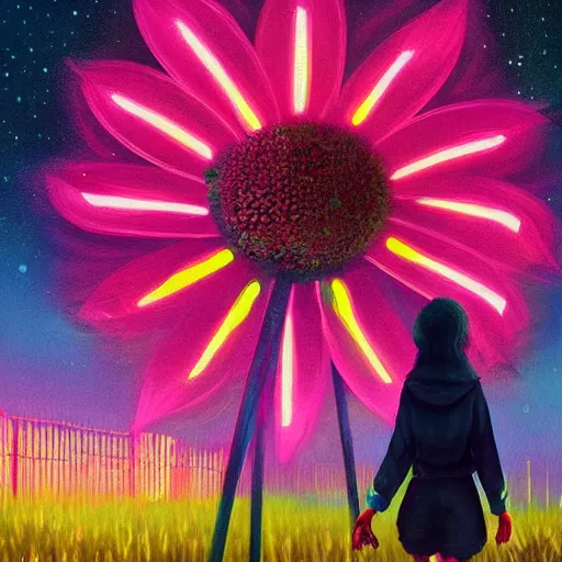 Image similar to giant daisy flower head, woman walking in a modern city with neon, surreal photography, night, dark, stars, impressionist painting, digital painting, artstation, simon stalenhag