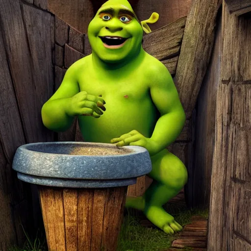 Image similar to Shrek go out from outdoor toilet