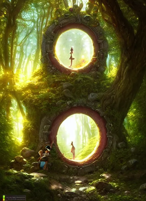 Image similar to Fantasy Magical fairy-tale portal in the forest. Round stone portal teleport in trees to other worlds. Fantastic landscape. Magic Altar in the fores, highly detailed, digital painting, artstation, concept art, smooth, sharp focus, illustration, art by artgerm and greg rutkowski and alphonse mucha