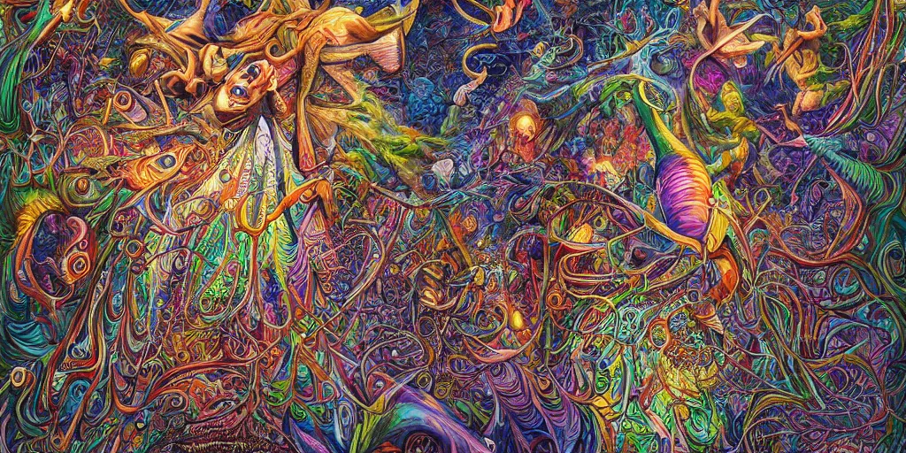 Prompt: 🌲🌌, acrylic on canvas, realism movement, breathtaking detailed, by android jones, alex grey, chris dyer, and aaron brooks, photorealistic