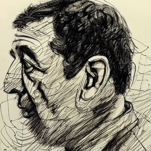 Image similar to a realistic yet scraggly portrait sketch of the side profile of a stern and sophisticated gene ween, trending on artstation, intricate details, in the style of frank auerbach, in the style of sergio aragones, in the style of martin ansin, in the style of david aja, in the style of mattias adolfsson