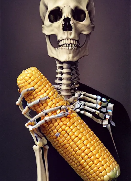 Prompt: ultrawide angle colour portrait masterpiece photography of a skeleton holding a corn by annie leibovitz michael cheval miho hirano moebius josh kirb