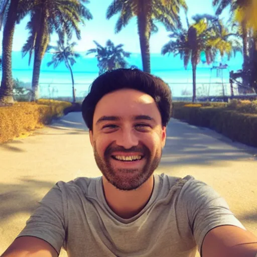 Prompt: happy man takes an instagram selfie using the front camera of an iphone 12 pro max highly detailed 4k quality