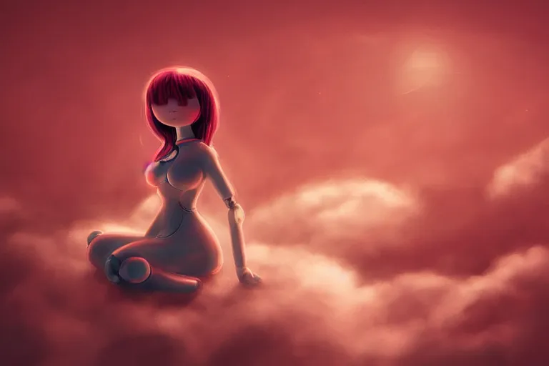 Image similar to a cute robot girl sitting on a cloud relaxing, red lighting, mist, digital art,