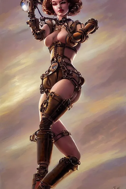 Image similar to retrofuturistic female android suspended by ropes, steampunk, gears, detailed mechanical parts, painting by artgerm julie bell Steve Henderson