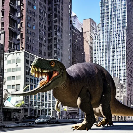 Prompt: a dinosaur lost in manhattan