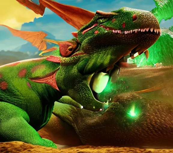 Image similar to yoshi in monster hunter, green dinosaur