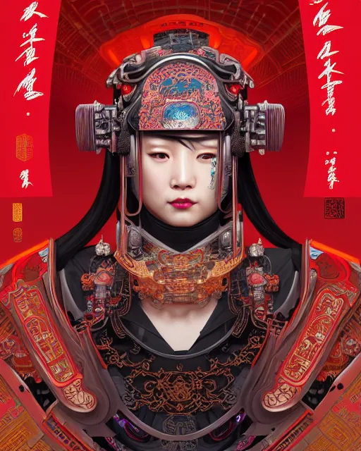 Image similar to portrait of a chinese cyberpunk machine, machine face, robed, upper half portrait, decorated with chinese opera motifs regal royal fierce machine robot cyberpunk fine china, wuxia, traditional chinese art intricate intense elegant highly detailed digital painting artstation concept art smooth sharp focus illustration, art by artgerm and greg rutkowski alphonse mucha 8 k