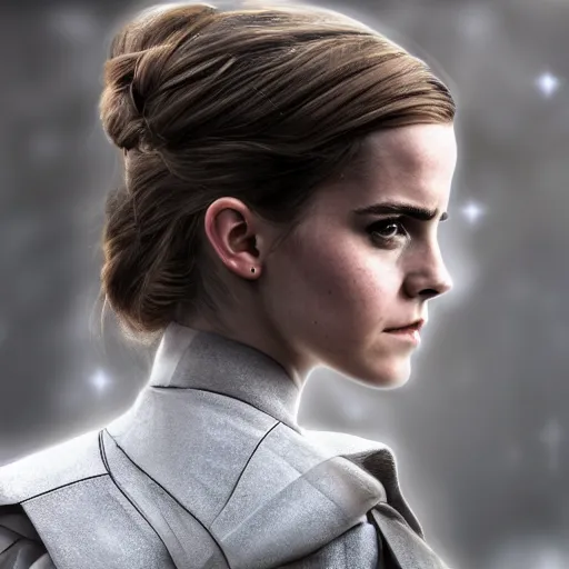 Image similar to Emma Watson in Star Wars, XF IQ4, 150MP, 50mm, f/1.4, ISO 200, 1/160s, natural light, Adobe Photoshop, Adobe Lightroom, DxO Photolab, polarizing filter, Sense of Depth, AI enhanced, HDR