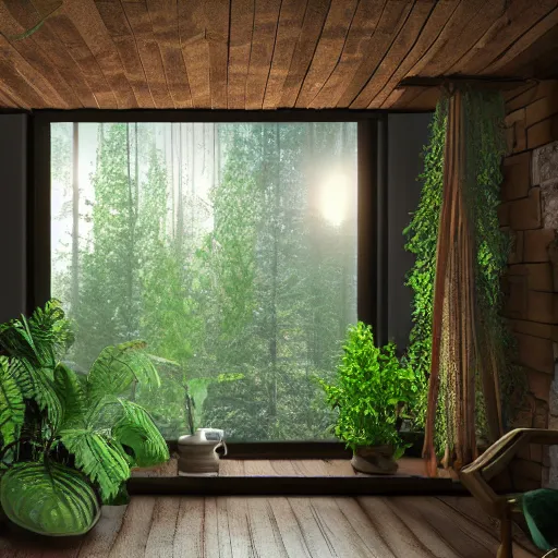 Prompt: the interior of a house with forest and plants theme, 8k, photo realistic, warm lighting