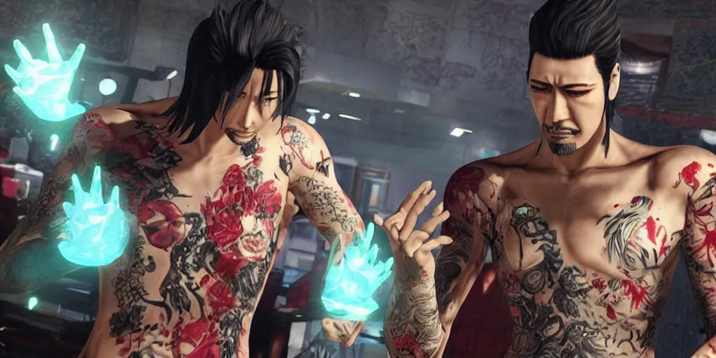 Prompt: Yakuza Kiryu Kazuma and Majima Goro, beautiful, gracious, bloody, bioluminescent skin, ultra detailed, ultra realistic