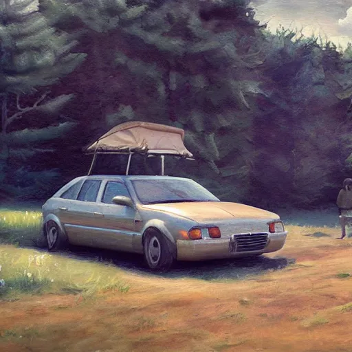 Prompt: weponized family car in toscany plains, artstation, fine art, oil painting, very detailed, very realistic