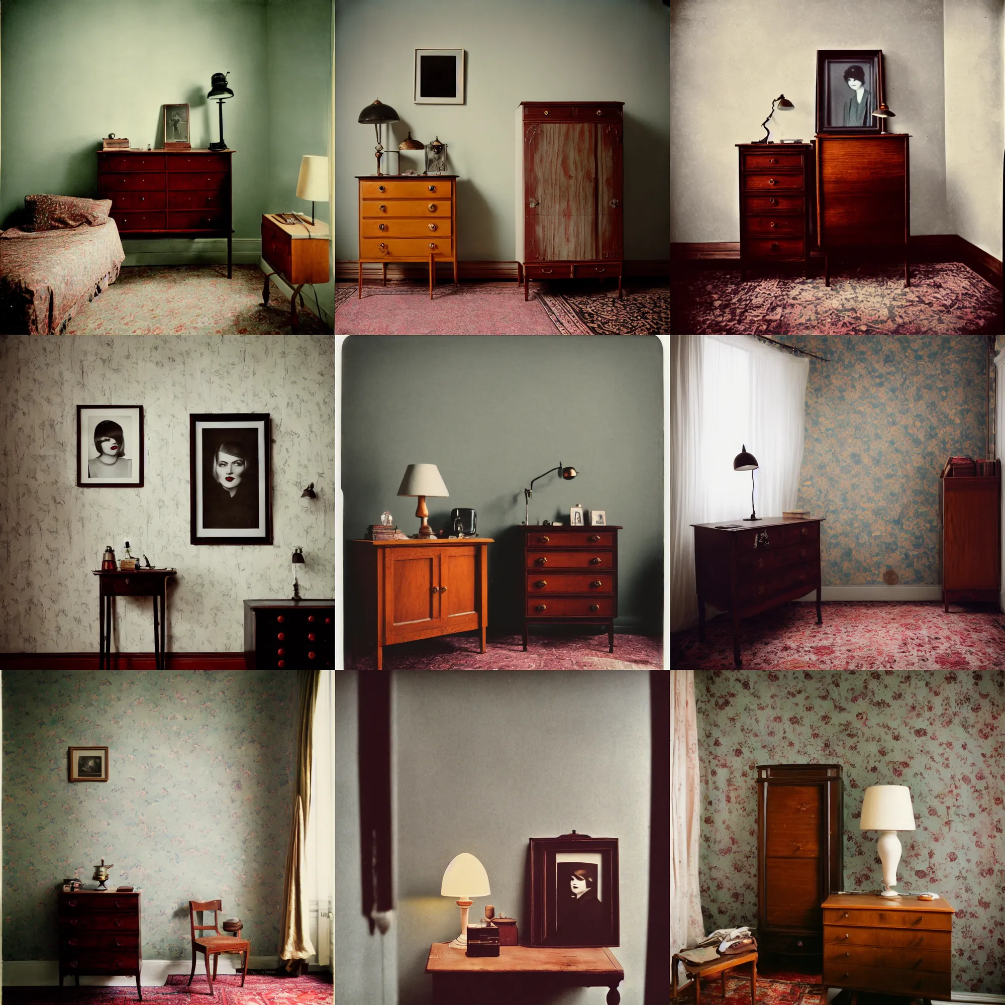 Image similar to kodak portra 4 0 0, wetplate, fisheye, award - winning portrait photo by britt marling, 1 9 2 0 s room, picture frames, 1 9 2 0 s furniture, wallpaper, carpet, shining lamp,, muted colours, blueberry, wood, fog,