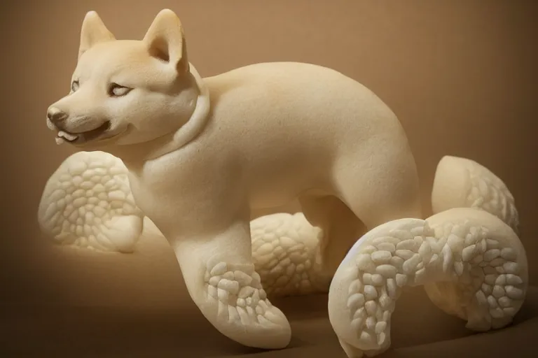 Image similar to a very beautiful intricately shaped organic sculpture carved from steamed buns depicting a shiba inu. studio lighting, high resolution, high quality, dark background