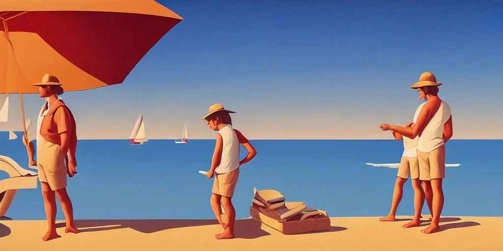 Prompt: beach boys, blue sky, summer evening, kenton nelson