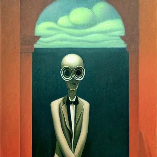 Image similar to slenderman, lurking in the shadows, mind control, dystopian, pj crook, edward hopper, oil on canvas