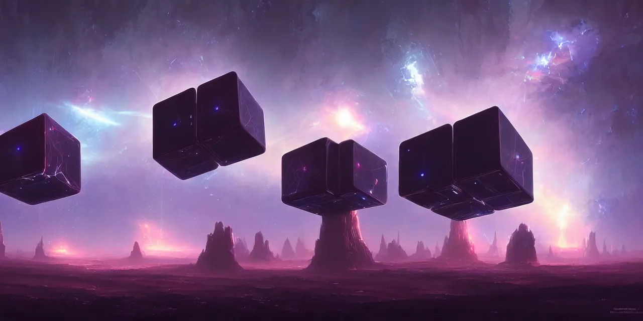 Prompt: a fleet of giant glowing futuristic cubes tied to each other with huge thick messy wires in the sky, a fantasy magical landscape seen in the distance, atmospheric lighting, intricate, volumetric lighting, beautiful, sharp focus, ultra detailed, in the art style of marc simonetti, bowater charlie and brom gerald, astrophotography