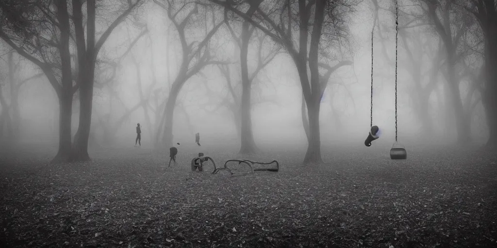 Prompt: foggy spooky play ground with swings and slides at night, dark, haunted by ghosts of children, black and white photography, ISO 1600, low shutterspeed, kyle thompson photography