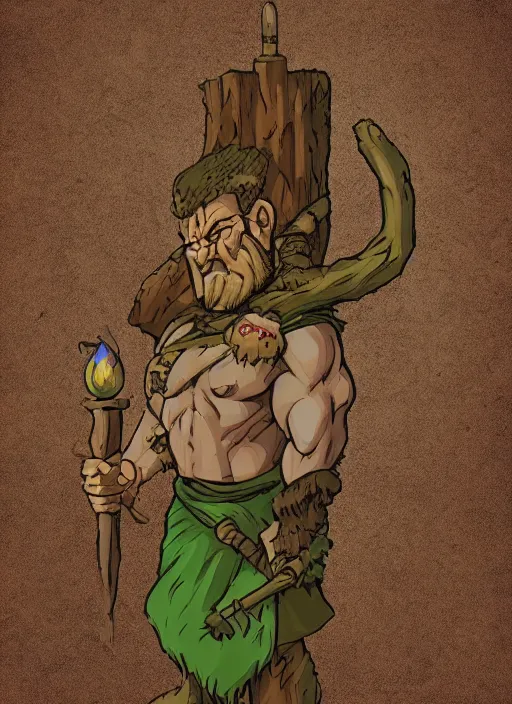 Prompt: Portrait of a Half Orc Druid holding a wooden totem, solid background, Fantasy Art, Dungeons ad Dragons, Frazetta