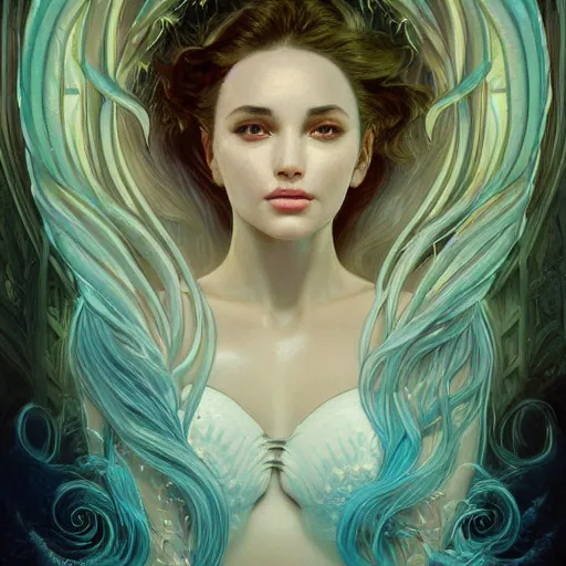 Prompt: a photograpic portrait of a anthropomorphic bioluminescent water wave wearing white bra, fantasy, intricate, elegant, highly detailed, digital painting, artstation, concept art, smooth, sharp focus, illustration, art by artgerm and h r giger and alphonse mucha