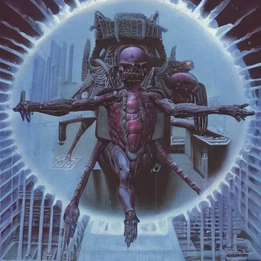 Prompt: mcdonald's in a city in hell, wayne barlowe painting