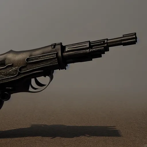 Prompt: gun in the style of a t - rex, award winning, unreal engine 5 render, volumetric fog, ray traced, award winning, intricate details, photorealistic, trending on cgsociety