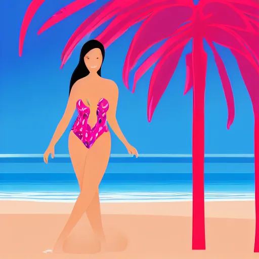 Prompt: a beautiful illustration of a woman in a swimsuit on the beach with palm trees by hed kandi, adobe illustrator