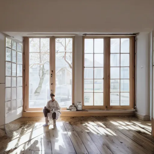 Image similar to person in pyjamas standing near window, sun rays, daylight, big french door window, big spatious room, 2 4 mm, walls left and right, window at the center, wooden floor, modern, pastel palette, winter sun, photorealistic, high ceiling