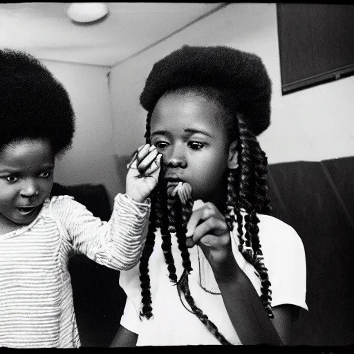 Image similar to afro woman brushing her daughter's hair, retro room, 8 0 s, nostalgic, disposable film