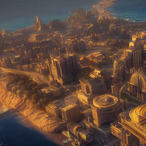 Prompt: a golden fantasy luxurious city with cerulean oceansides, scandinavian / norse influenced, cinematic, ray traced, octane render, cinematic lighting, ultrarealistic, featured on artstation, 8 k uhd artwork