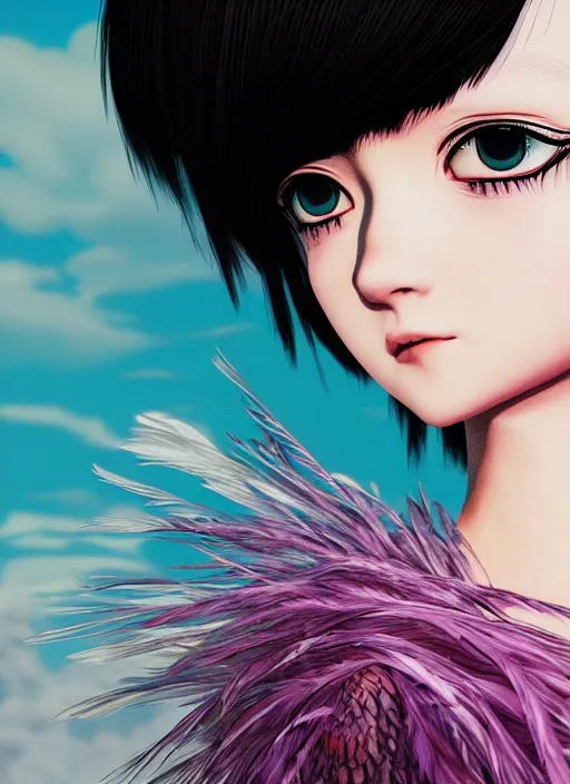 Image similar to little girl with an eccentric haircut wearing an dress made of feathers, artwork made by ilya kuvshinov and hirohiko araki, full character