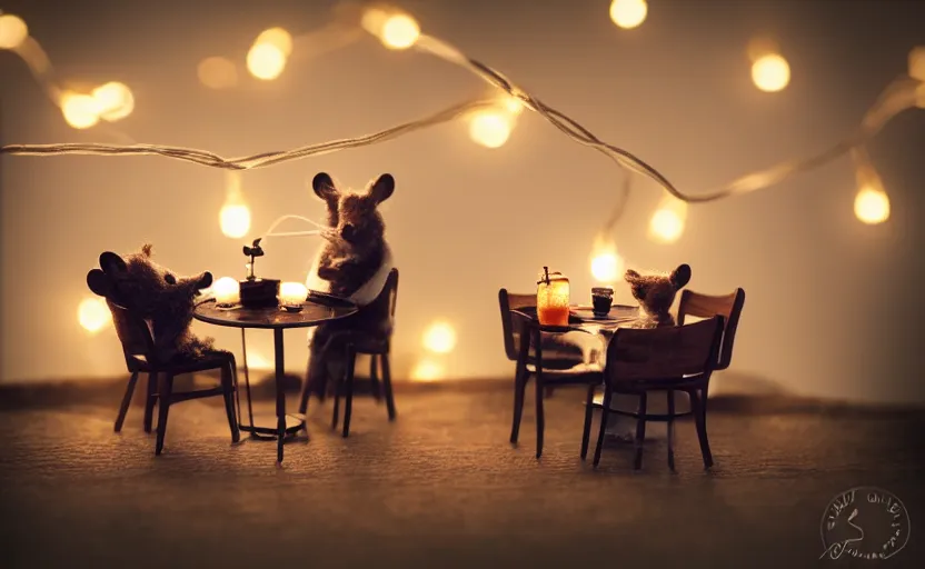 Image similar to mini cafe diorama macro photography, mice on a date, ambient, atmospheric photograph, string lights, romantic
