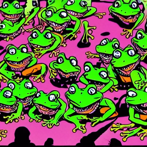 Prompt: frogs in a moshpit