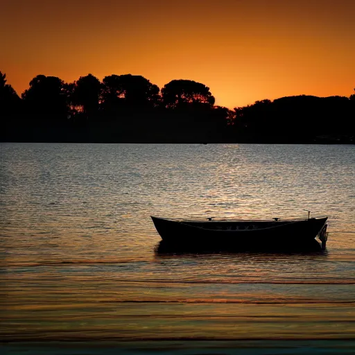 Image similar to a photo of a house, boat on the water, sunset