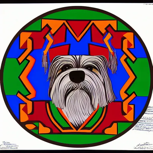 Prompt: tlingit haida lithograph, portrait of havanese dog, simplified forms, multiple colors, print by tristan - wolf reg davidson clifton guthrie maynard johnny jr.