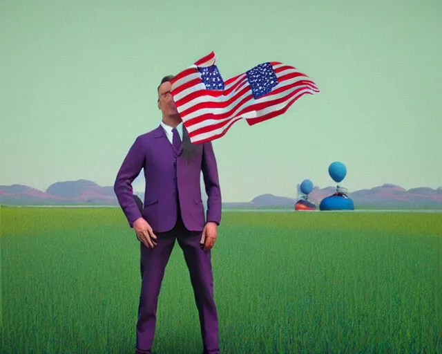 Image similar to incredibly spangly snake oil salesman wearing a purple and green stars and stripes suit, patriotic, painting by Grant Wood, 3D rendering by Beeple