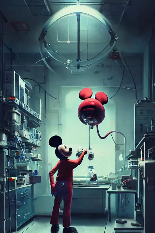 Image similar to mechanics scientist in lab facility looking at bloody mickey mouse head lifted by claw,, made by beeple, cgsociety, artgerm, greg rutkowski, highly detailed intricate 4 k art, low light cinematic, octane render, unreal engine, smooth concept art