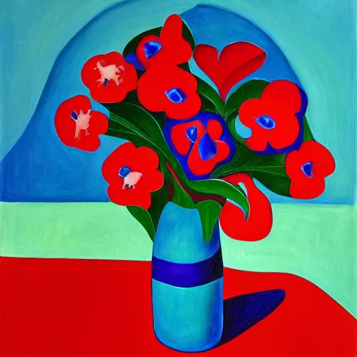 Prompt: a painting of a blue vase with red flowers, a gouache by tarsila do amaral, pixabay contest winner, cloisonnism, acrylic art, oil on canvas, detailed painting