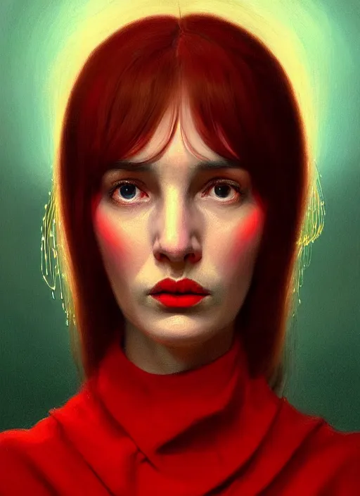 Prompt: portrait of a woman with a crooked nose and a severe expression, 1 9 6 0 s, long hair, red clothes, bangs, intricate, elegant, glowing lights, highly detailed, digital painting, artstation, concept art, smooth, sharp focus, illustration, art by wlop, mars ravelo and greg rutkowski